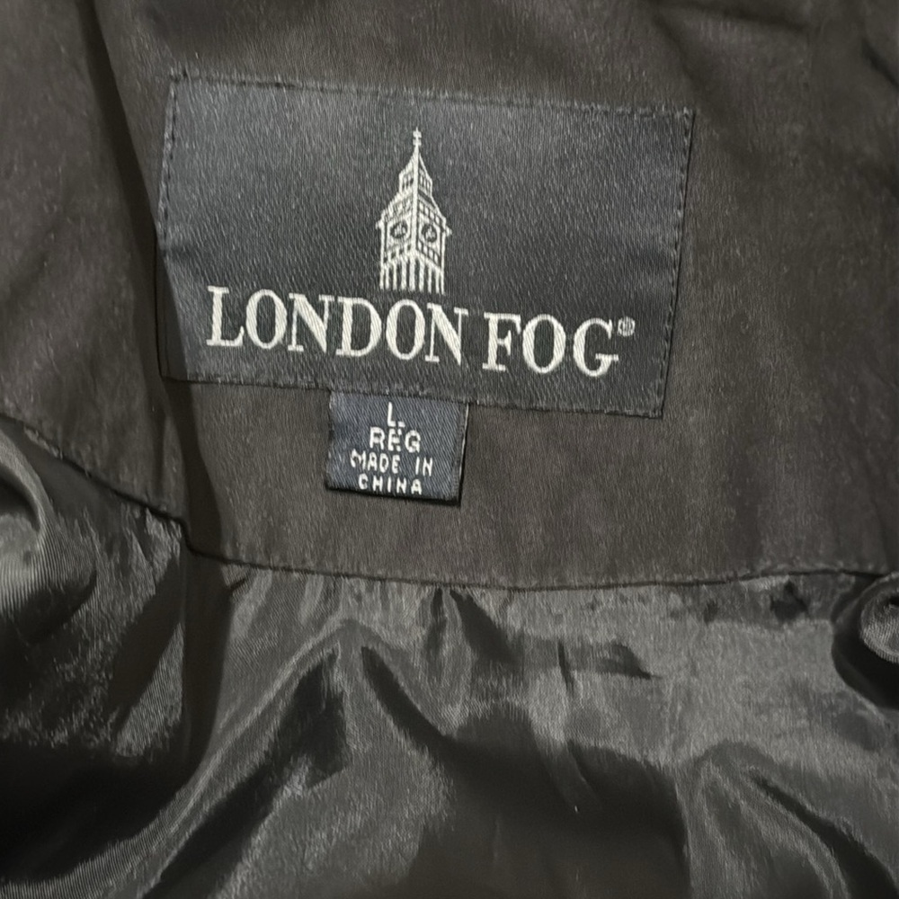 London Fog Mid Length Suede Classic Black Hidden Button Trench Coat Size Large - Picture 8 of 9
